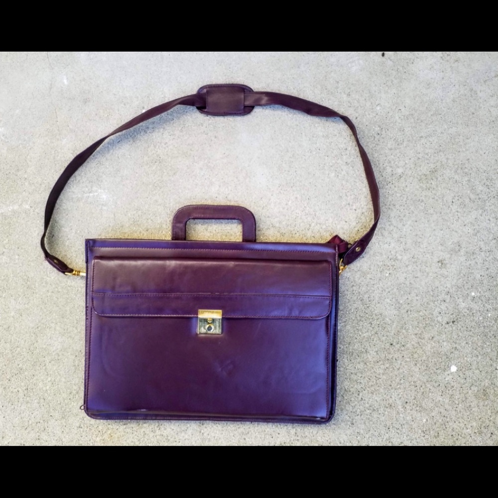 Burgundy Faux Leather Briefcase with Gold Buckle